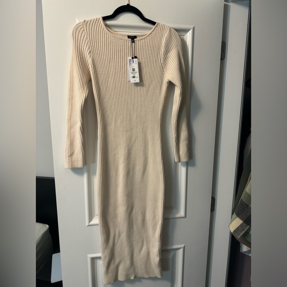 Beige Long Sleeved Ribbed Sweater Dress - Picture 3 of 4
